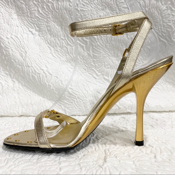 Stuart Weitzman Shoes - Stuart Weitzman Gold Studded Ankle Strap Heels sz5
